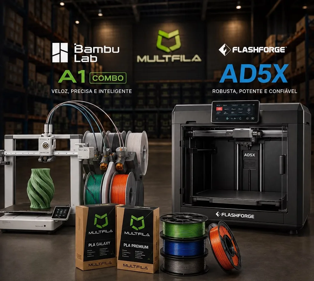 Impressoras Bambu Lab e FlashForge com filamentos